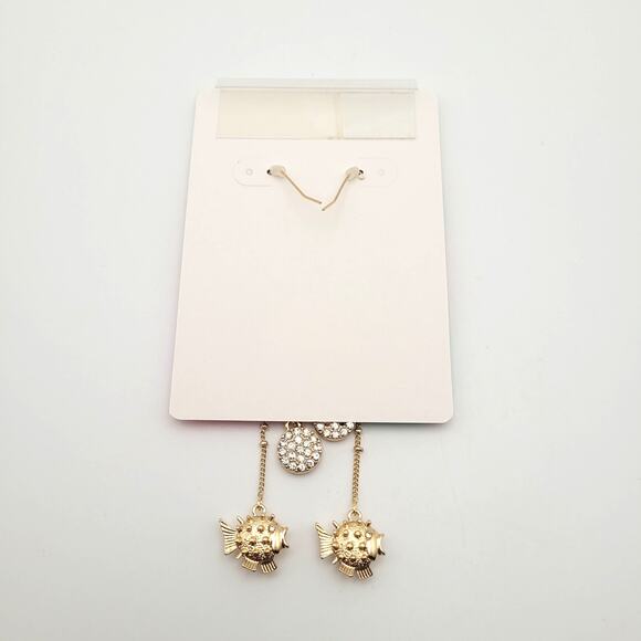 Lilly Pulitzer Gold Fish Drop Earrings Dangling Sparkly Puffer Fish Ocean Resort - Picture 6 of 8